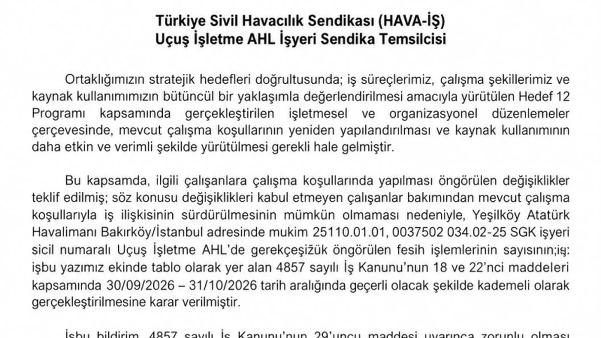 THY'de 'Hedef 12' ve Sendikal İddialar Arasında İşten Çıkarmalar